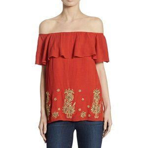 NWT Women's Alice + Olivia "Elina" Red/Gold Embroidered Blouse Top Sz Medium